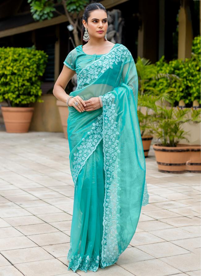 Gold Infused Sky Blue Party Wear Twill Work Saree